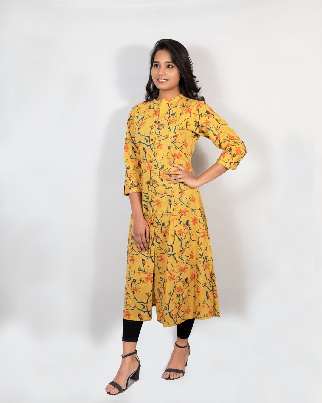 Mustard Yellow Vine Print Kurti with Pocket