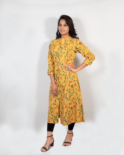 Mustard Yellow Vine Print Kurti with Pocket