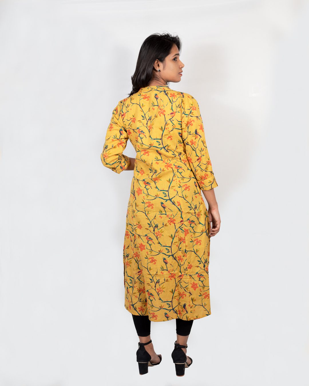 Mustard Yellow Vine Print Kurti with Pocket