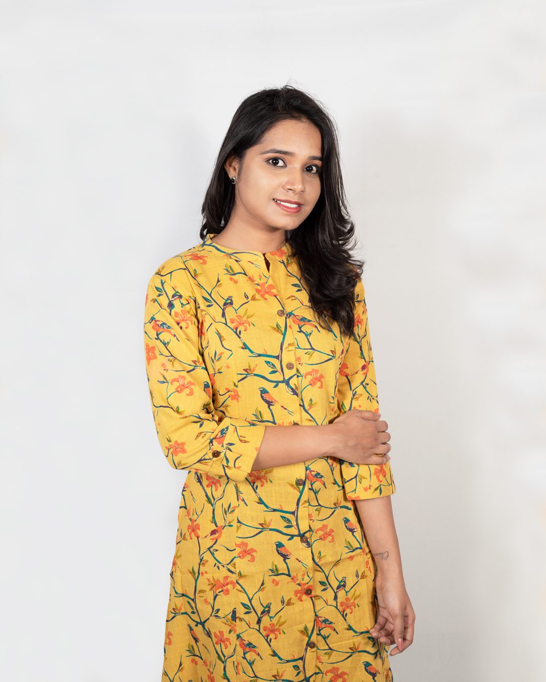 Mustard Yellow Vine Print Kurti with Pocket