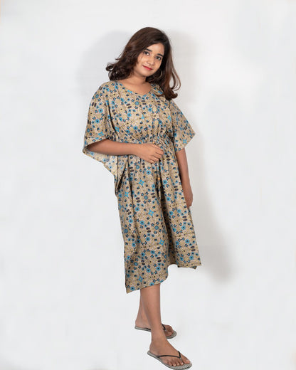 Khaki Vine Floral Print Short Kaftan