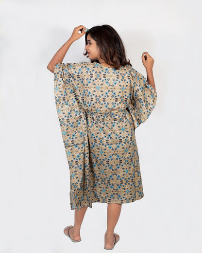 Khaki Vine Floral Print Short Kaftan