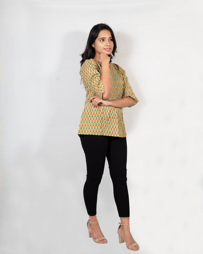 Olive Green Motif Print Top