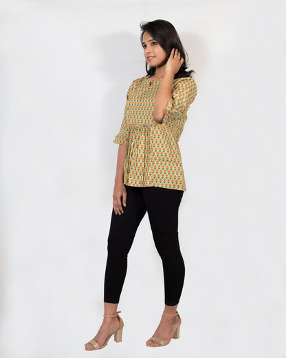 Olive Green Motif Print Top