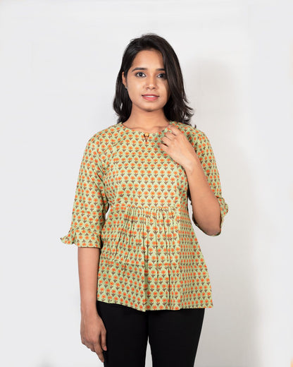 Olive Green Motif Print Top