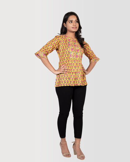 Mustard Yellow Bagru Print Top