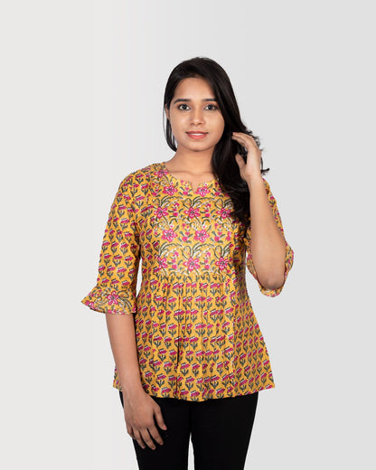 Mustard Yellow Bagru Print Top