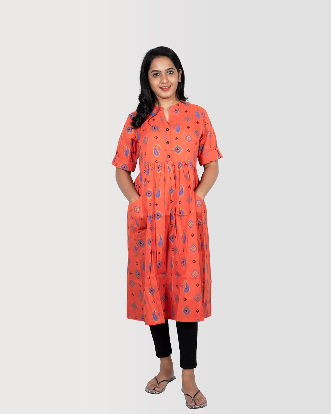 Coral Buta Print Kurti with Pocket