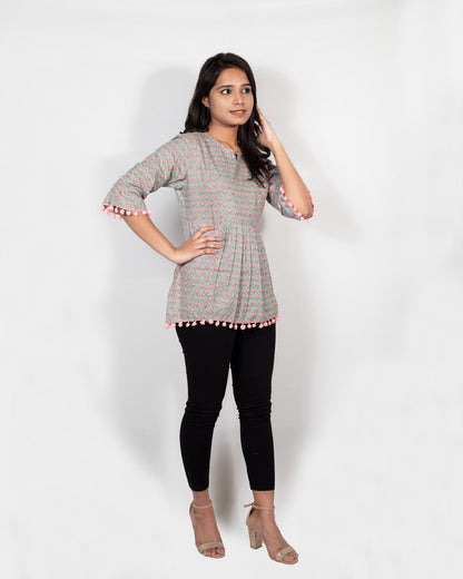 Grey Motif Print Top