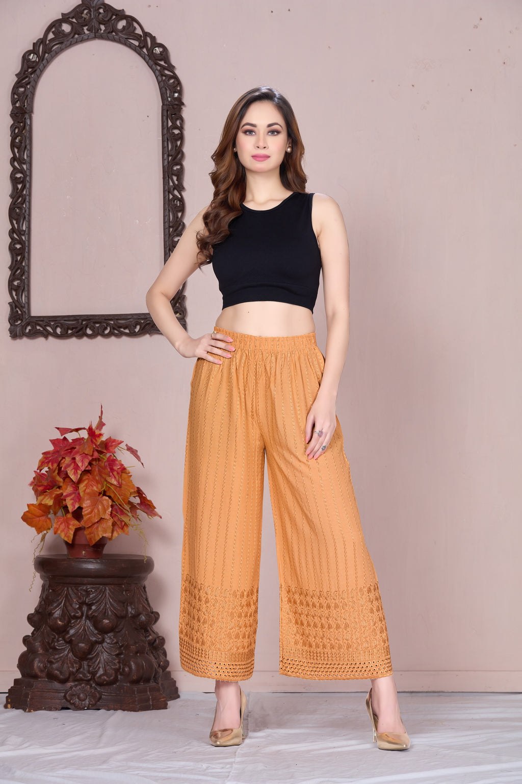 Flared Beige Chikan (Embroidered) Palazzo Pant