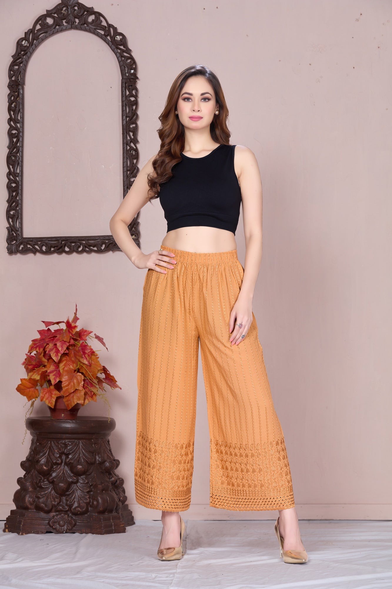 Flared Beige Chikan (Embroidered) Palazzo Pant