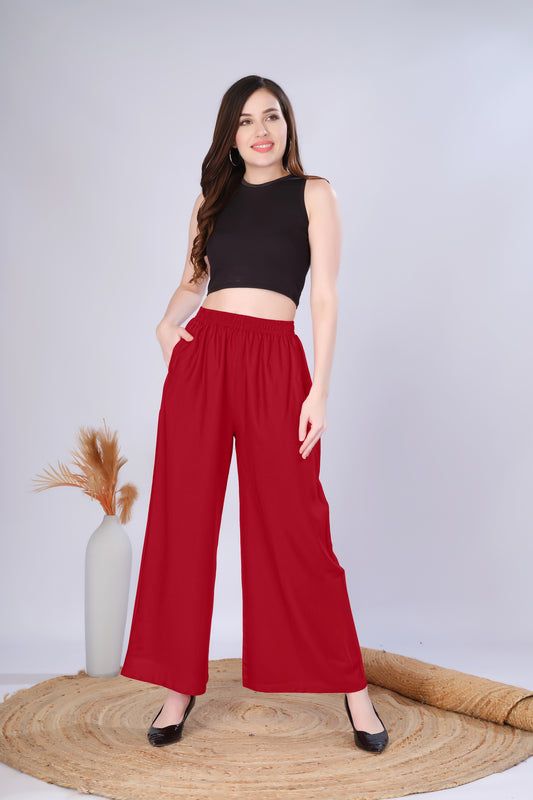 Flared Dark Red Palazzo Pants With Pocket