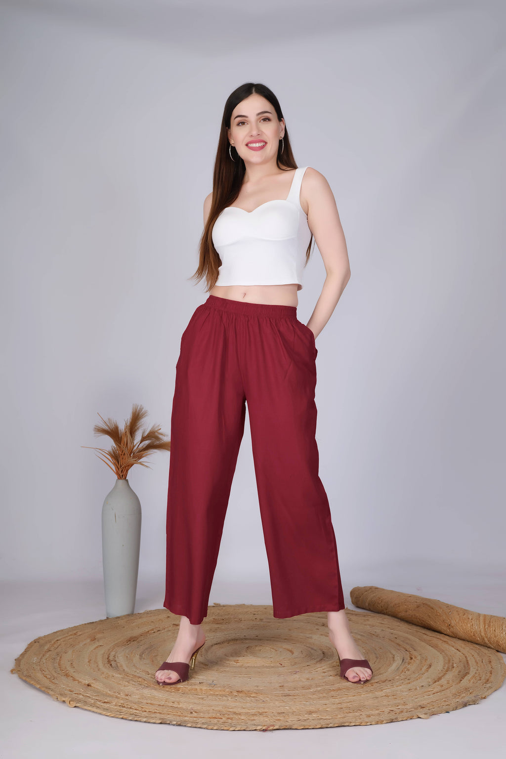 Maroon Straight Palazzo Pants
