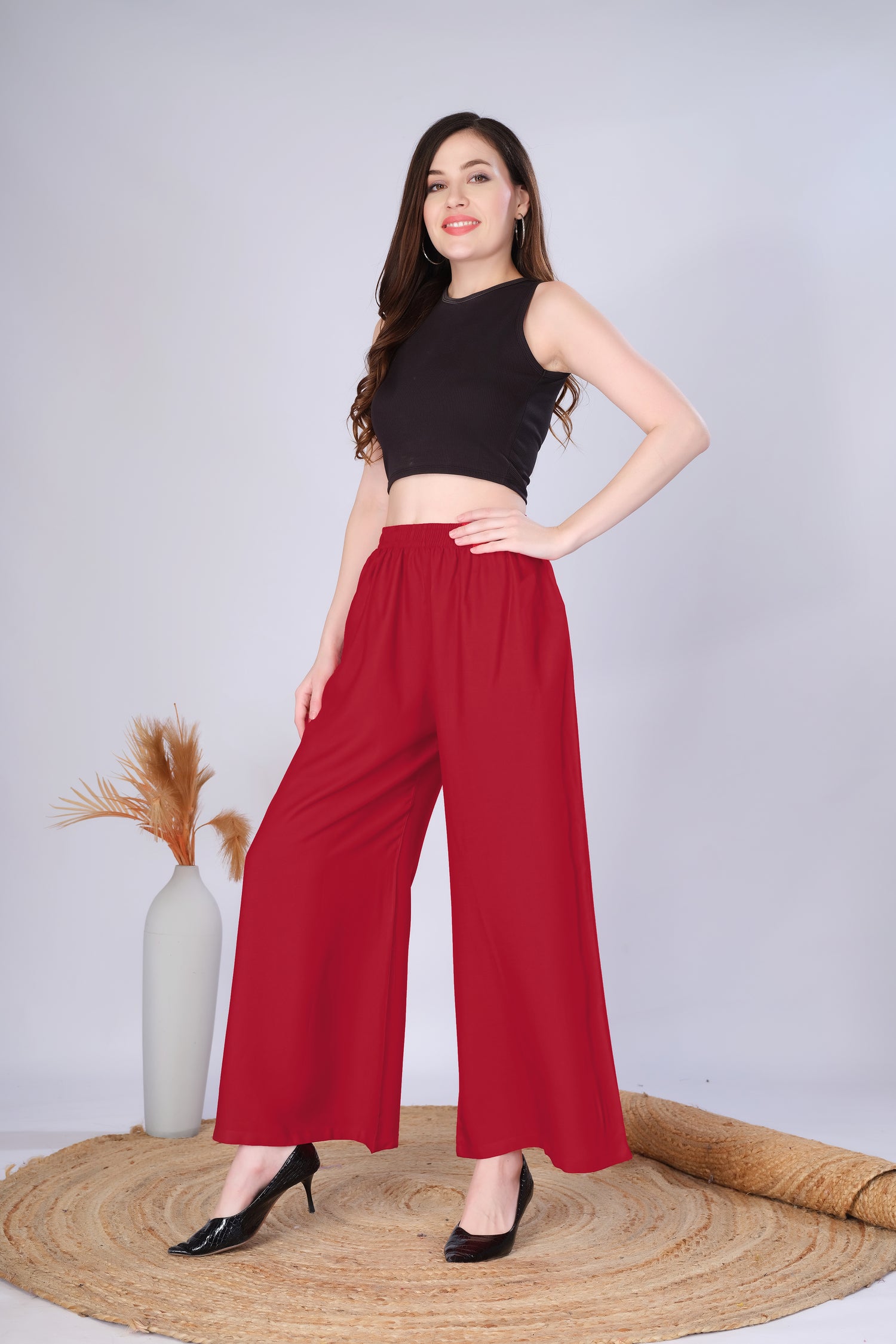Flared Dark Red Palazzo Pants With Pocket