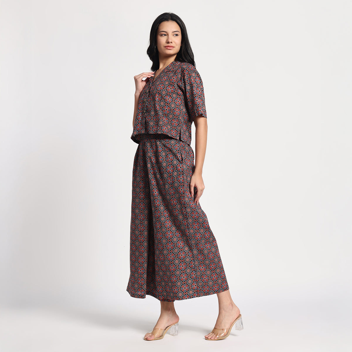 Navy Blue & Maroon Ajrakh Print Cotton Coord set