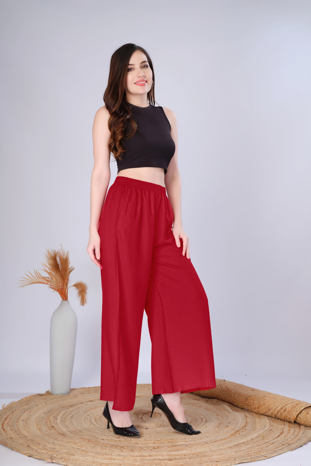 Flared Dark Red Palazzo Pants With Pocket