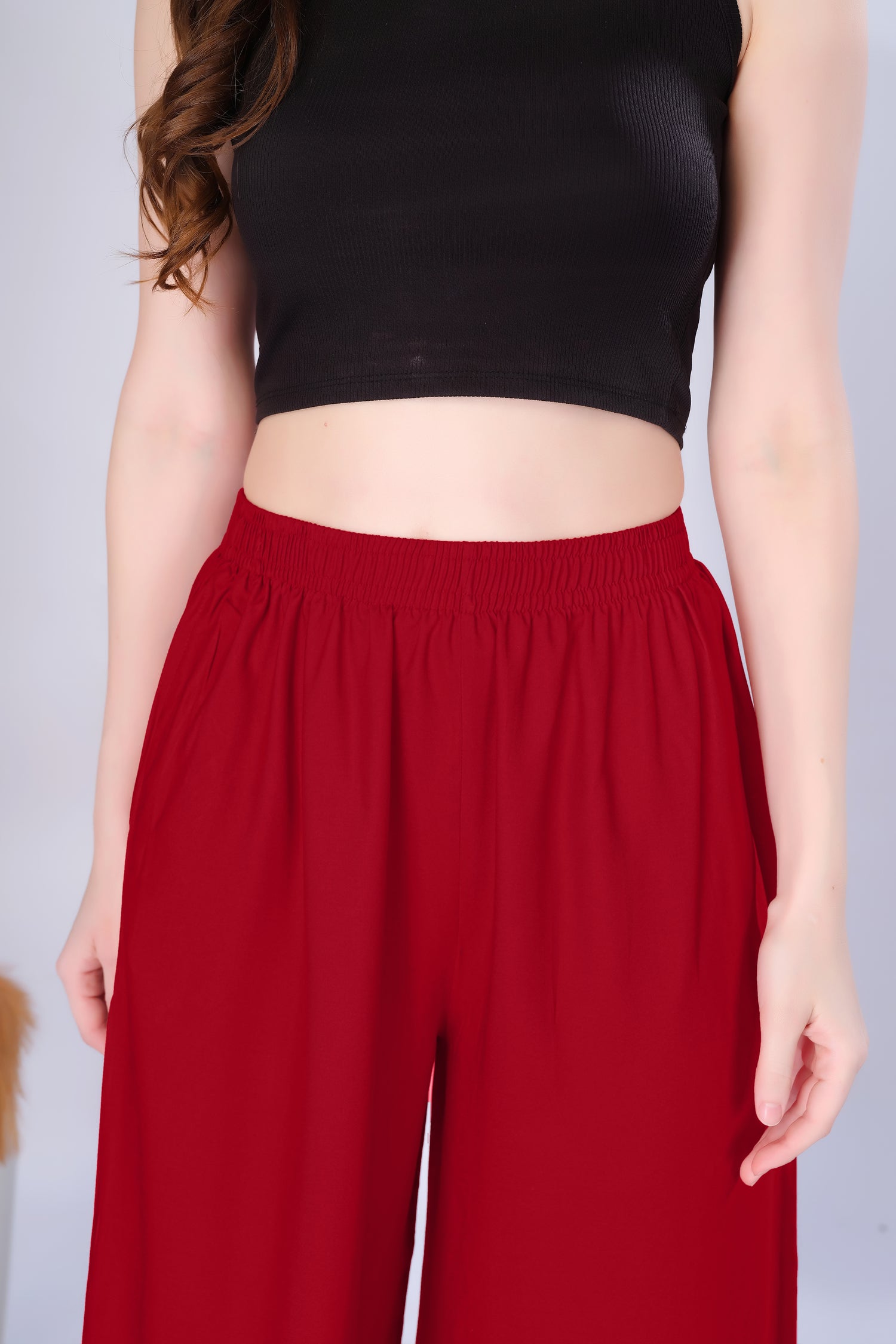 Flared Dark Red Palazzo Pants With Pocket