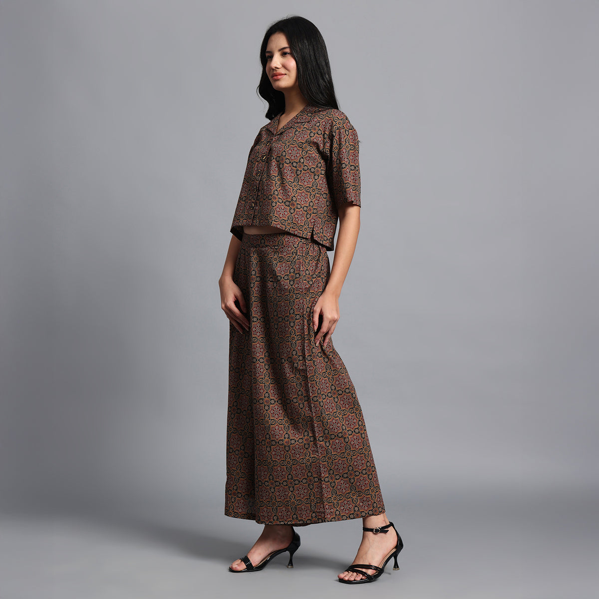 Black and Mustard Ajrakh Geometric Print Cotton Coord set