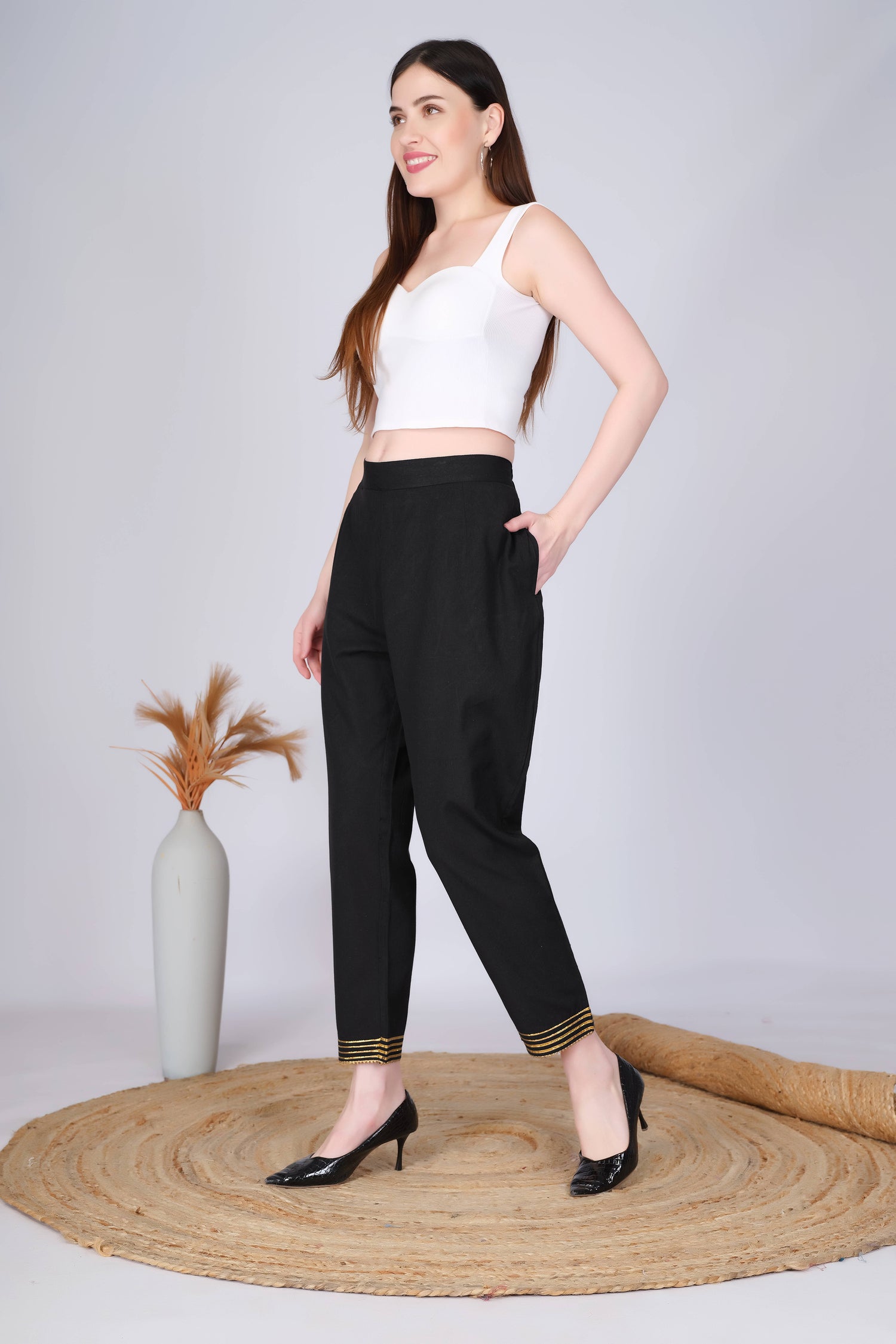 Black Slim Fit Cotton Pants With Gold Lace Hem