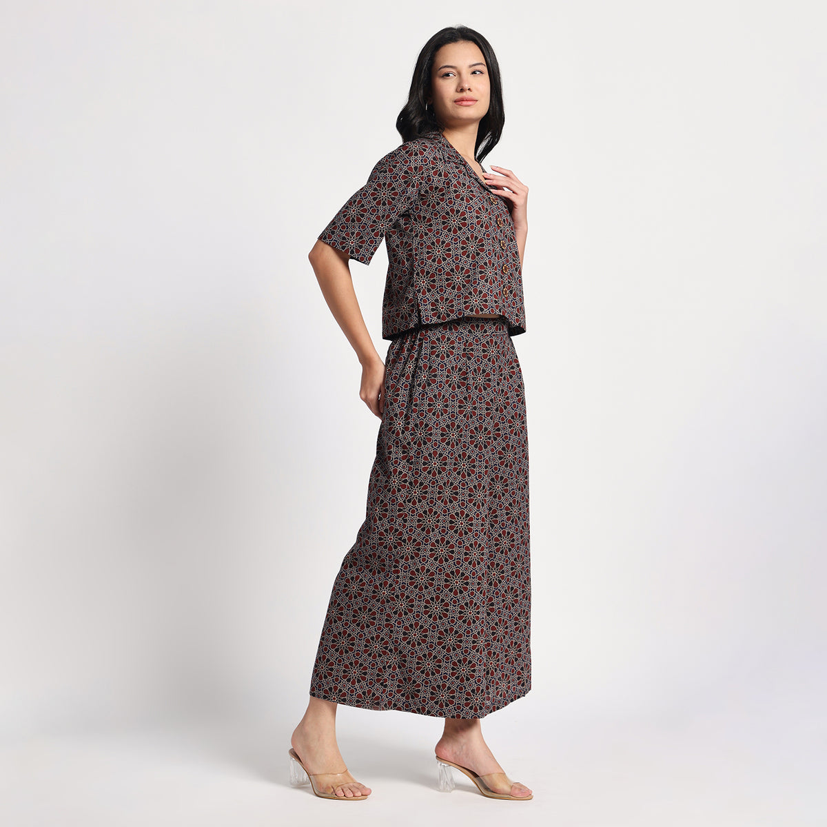Blue and Maroon Ajrakh Geometric print Cotton Coord set