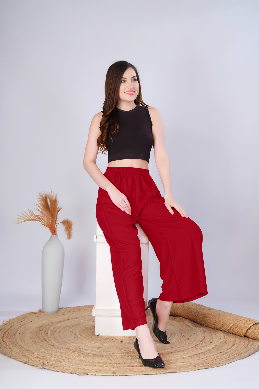 Flared Dark Red Palazzo Pants With Pocket