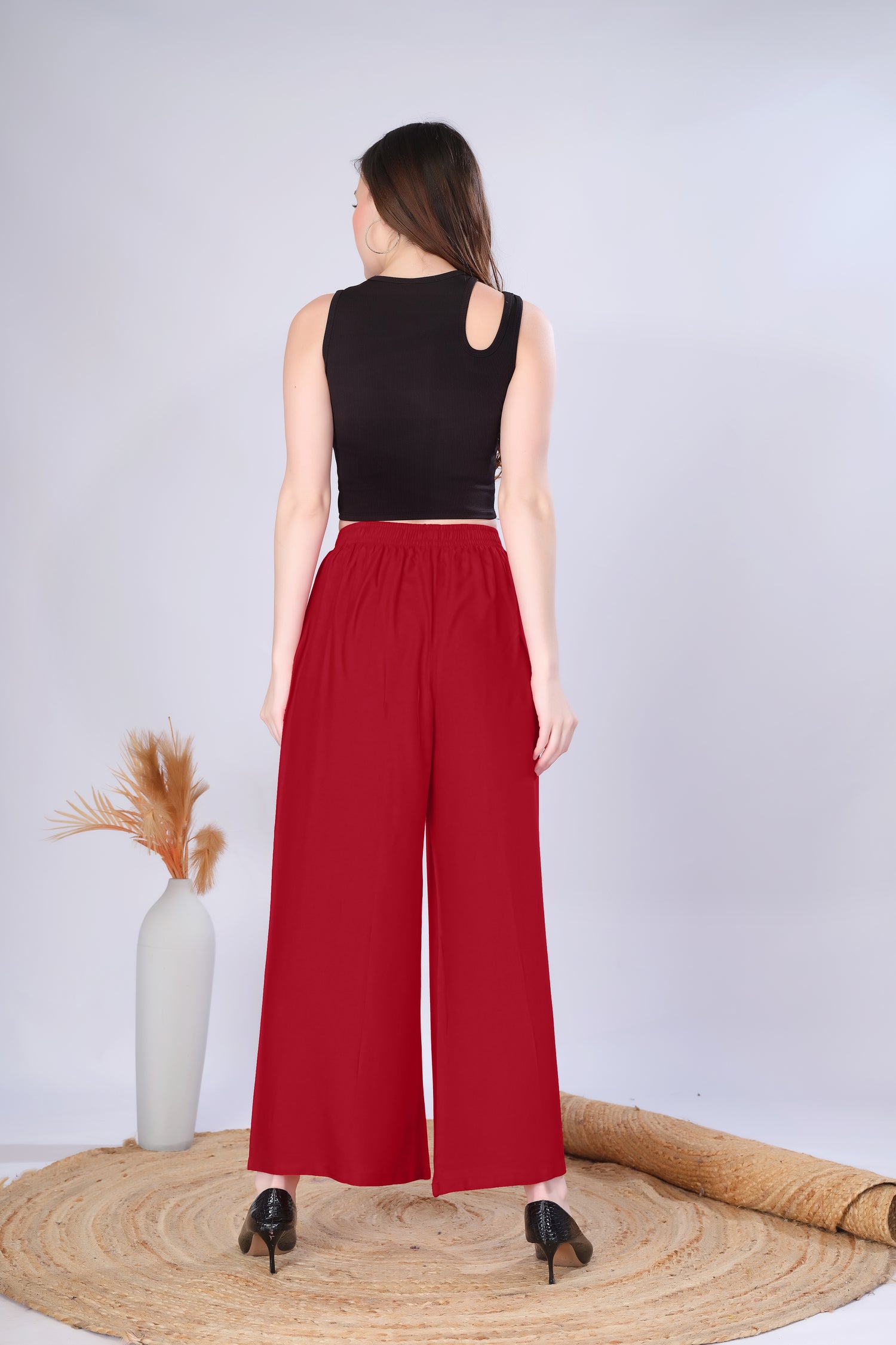 Flared Dark Red Palazzo Pants With Pocket