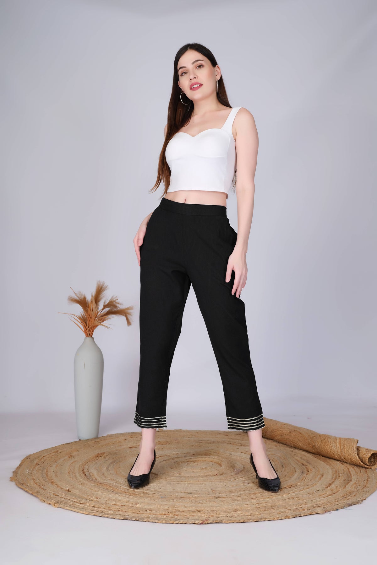 Black Slim Fit Cotton Pants With Silver Lace Hem