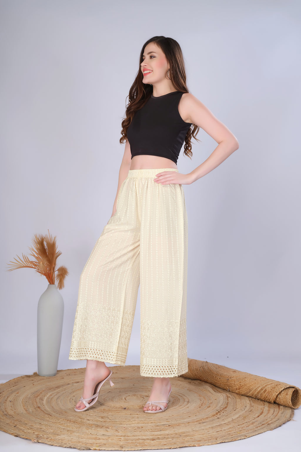 Flared Cream (Embroidered) Palazzo Pant