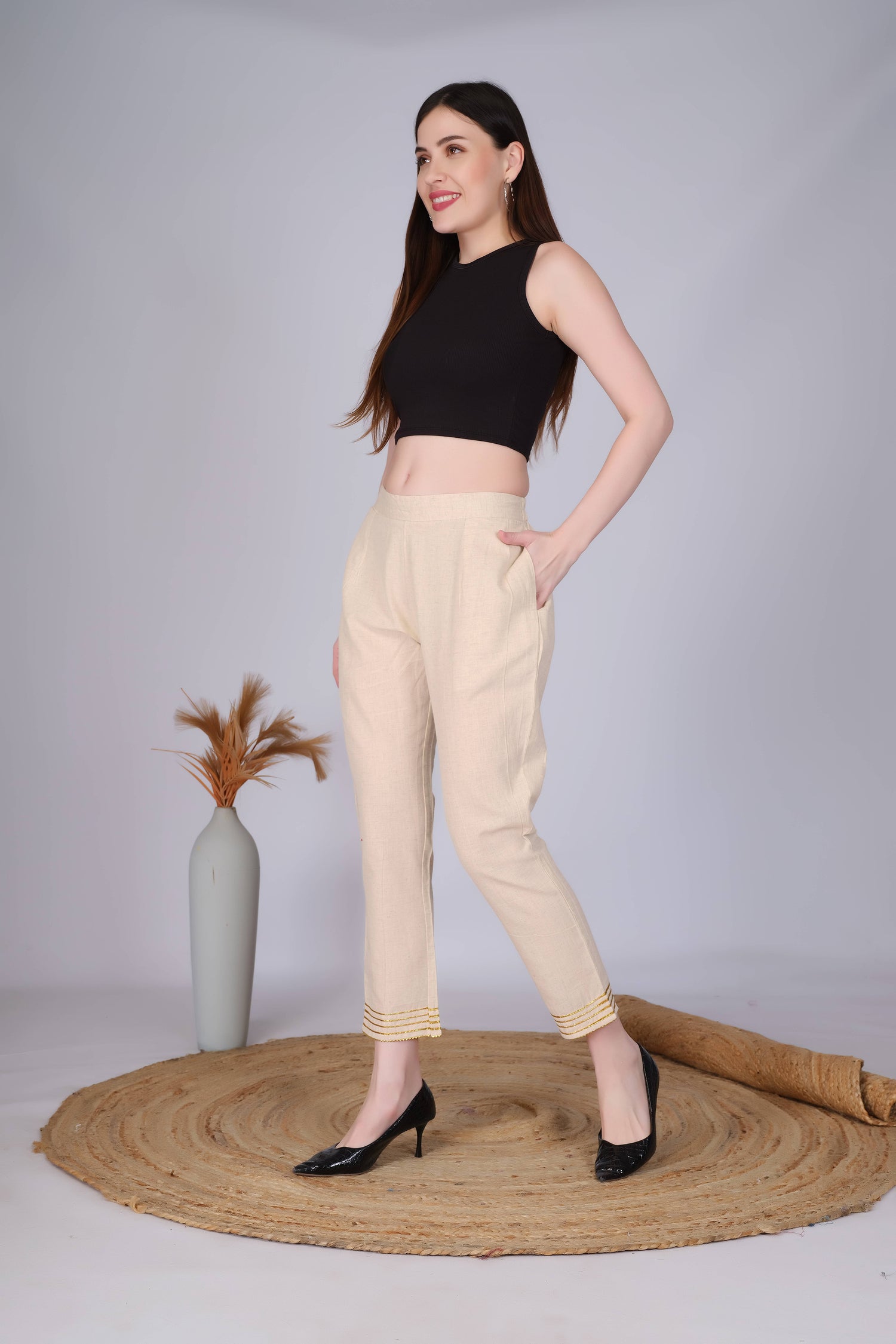 Beige Slim Fit Cotton Pants With Gold Lace Hem