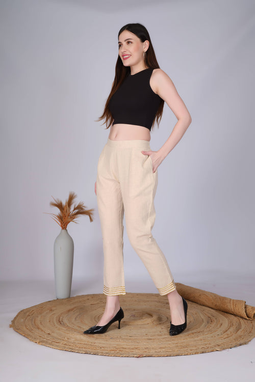 Beige Slim Fit Cotton Pants With Gold Lace Hem