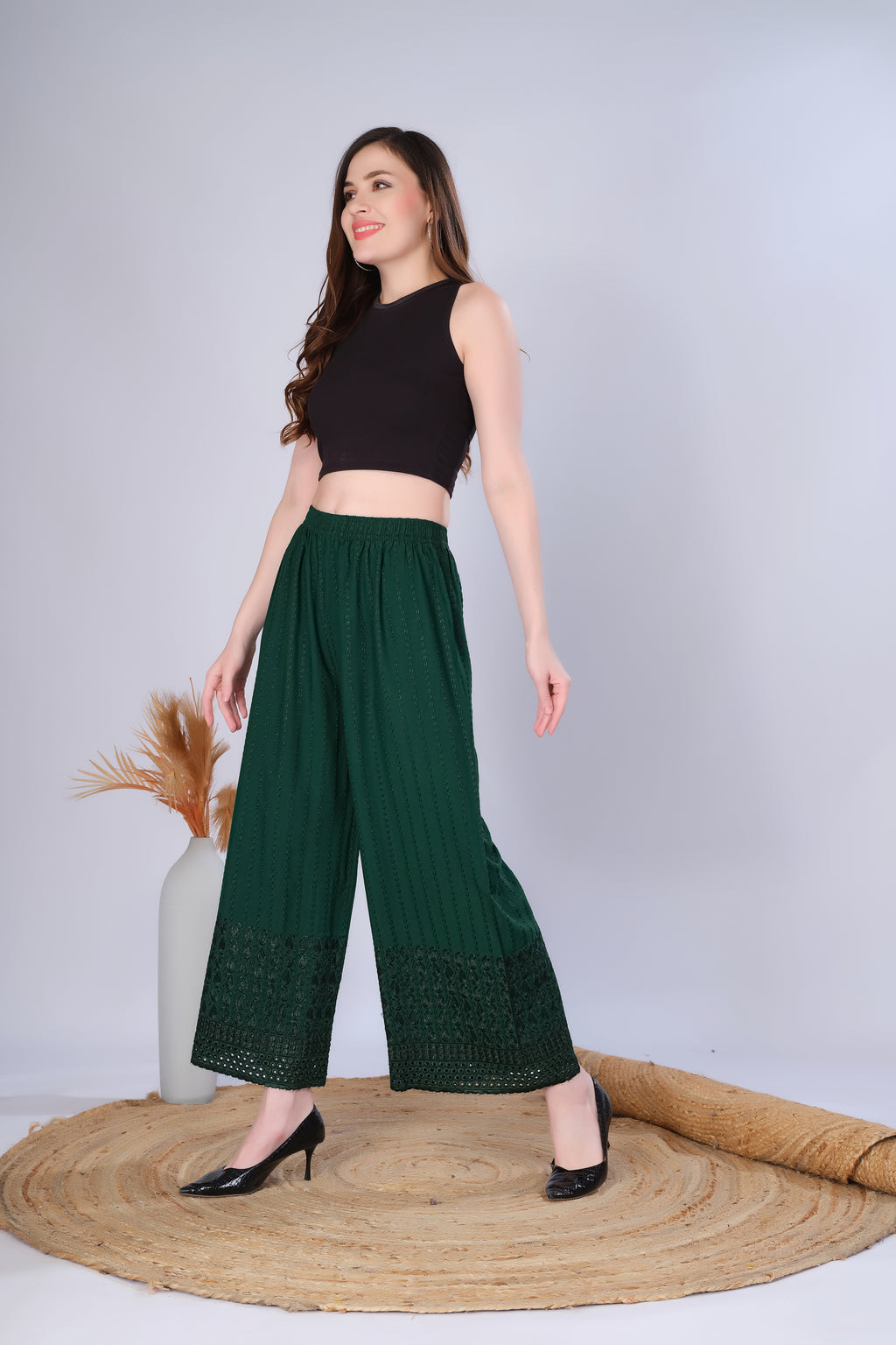 Flared Bottle Green (Embroidered) Palazzo Pant