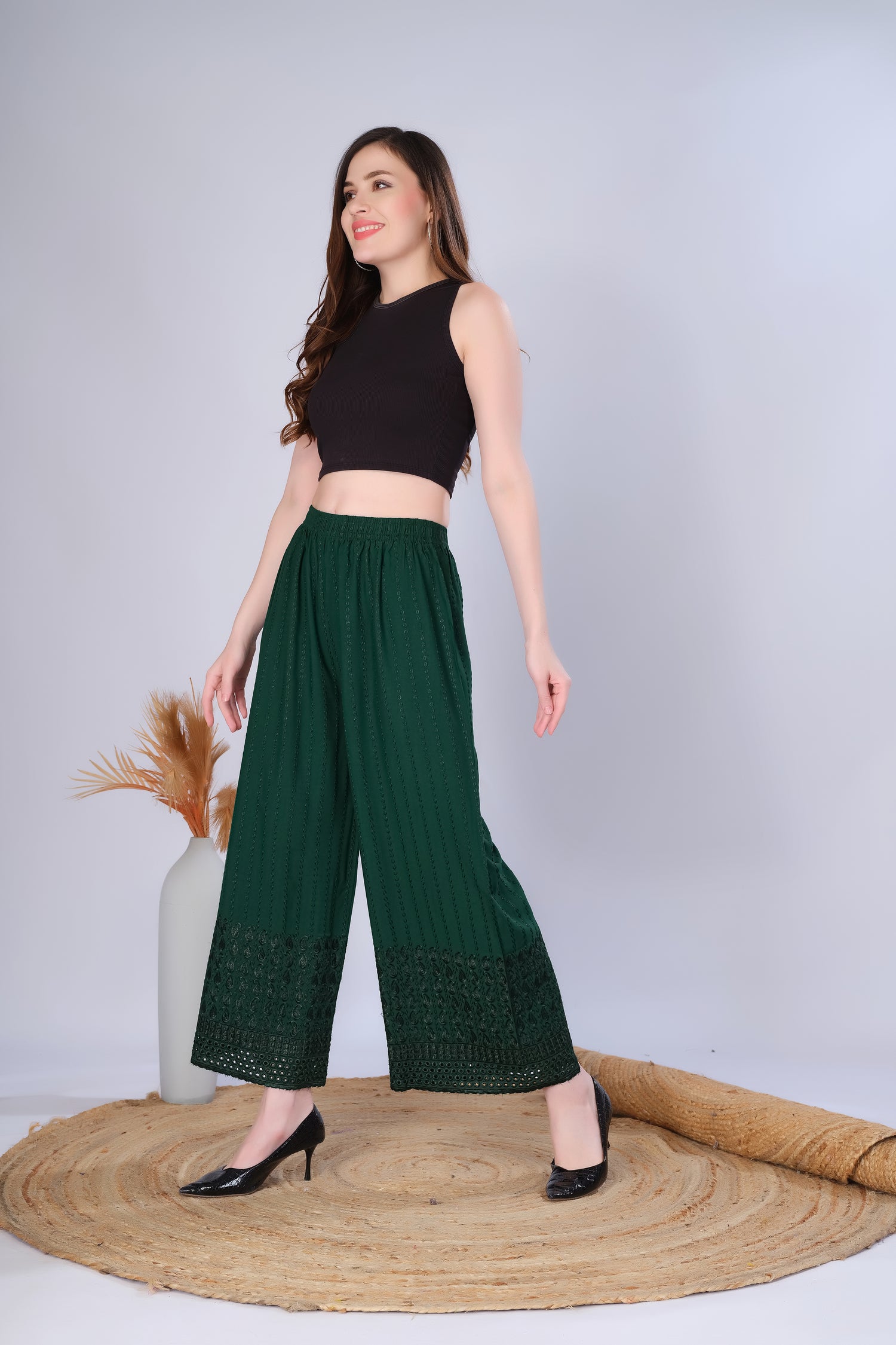 Flared Bottle Green (Embroidered) Palazzo Pant