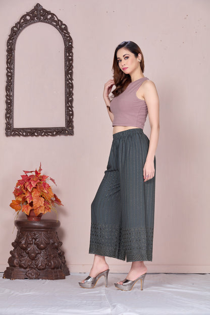 Flared Dark Grey Chikan (Embroidered) Palazzo Pant