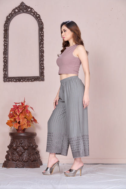 Flared Grey Chikan (Embroidered) Palazzo Pant