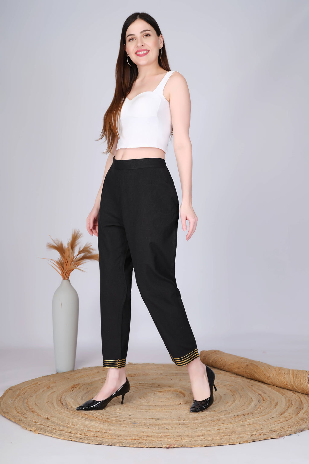 Black Slim Fit Cotton Pants With Gold Lace Hem