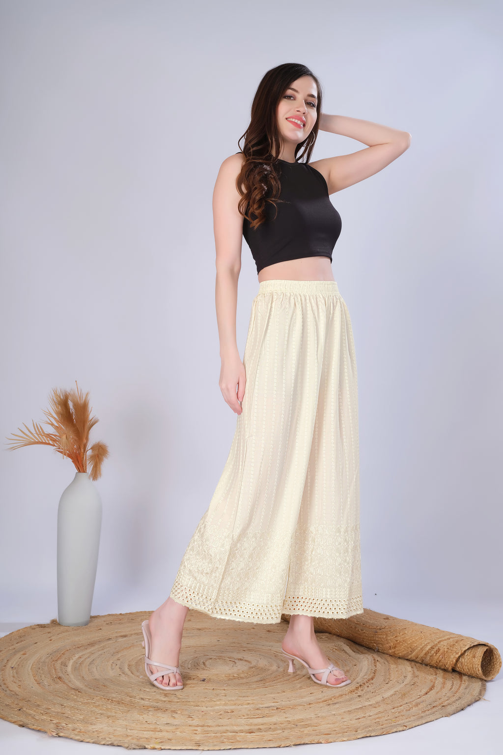 Flared Cream (Embroidered) Palazzo Pant