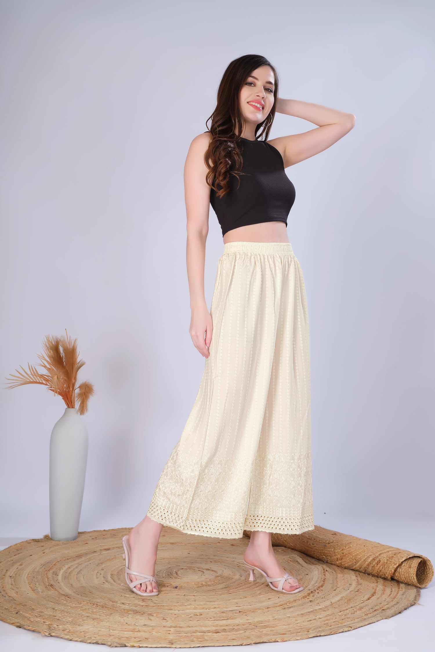 Flared Cream (Embroidered) Palazzo Pant