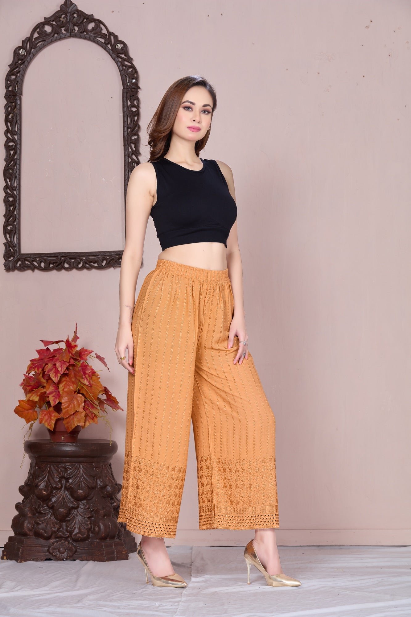 Flared Dark Beige Chikan (Embroidered) Palazzo Pant