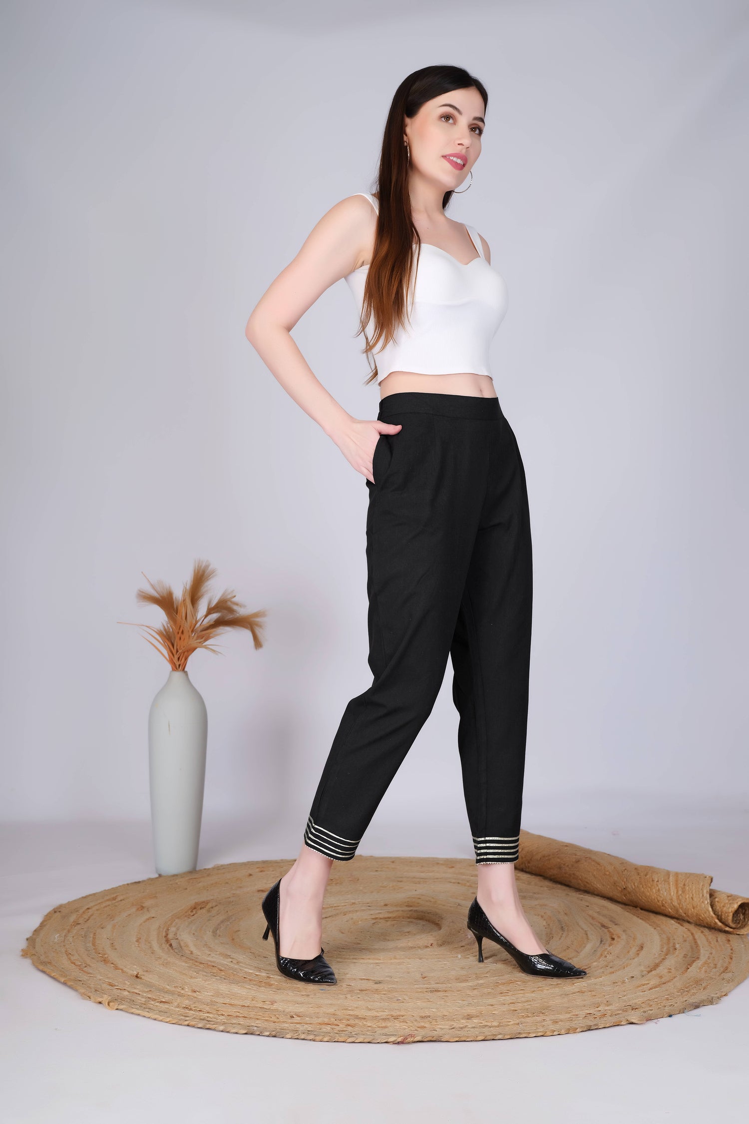 Black Slim Fit Cotton Pants With Silver Lace Hem