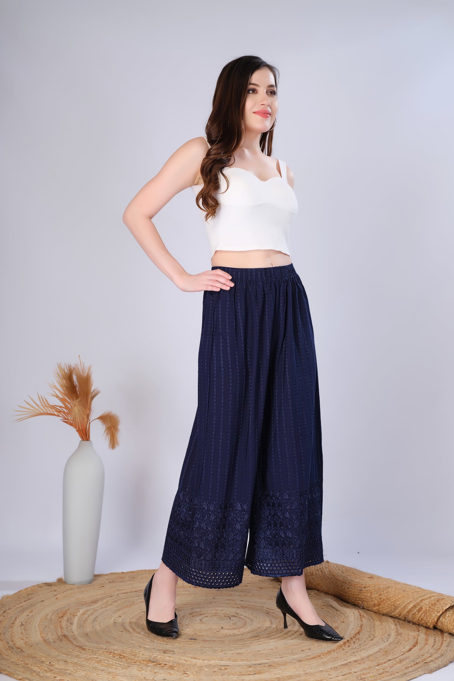 Navy Blue (Embroidered) Palazzo Pant