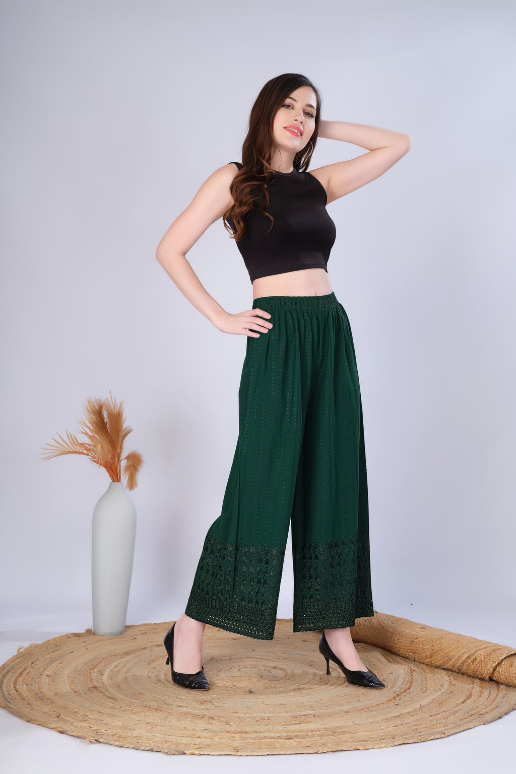Flared Bottle Green (Embroidered) Palazzo Pant