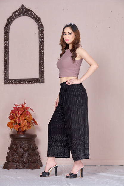Flared Black Chikan (Embroidered) Palazzo Pant
