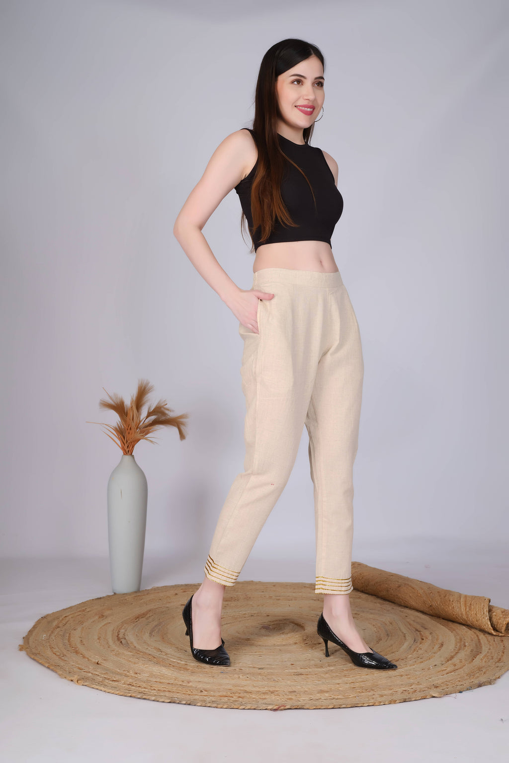 Beige Slim Fit Cotton Pants With Gold Lace Hem