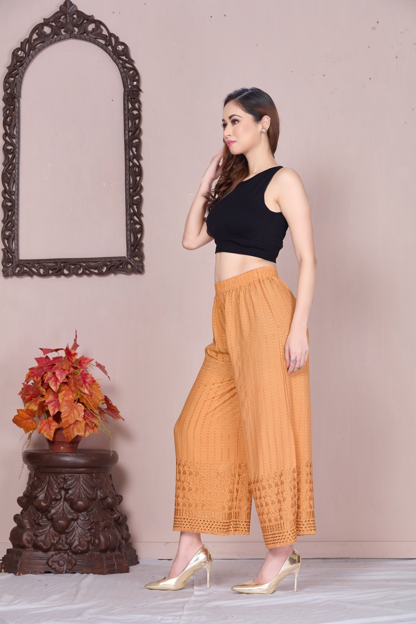 Flared Dark Beige Chikan (Embroidered) Palazzo Pant