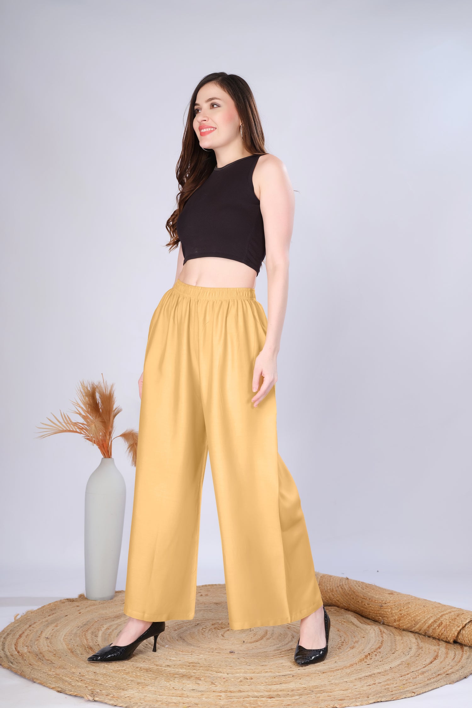 Flared Light Beige Palazzo Pants With Pocket