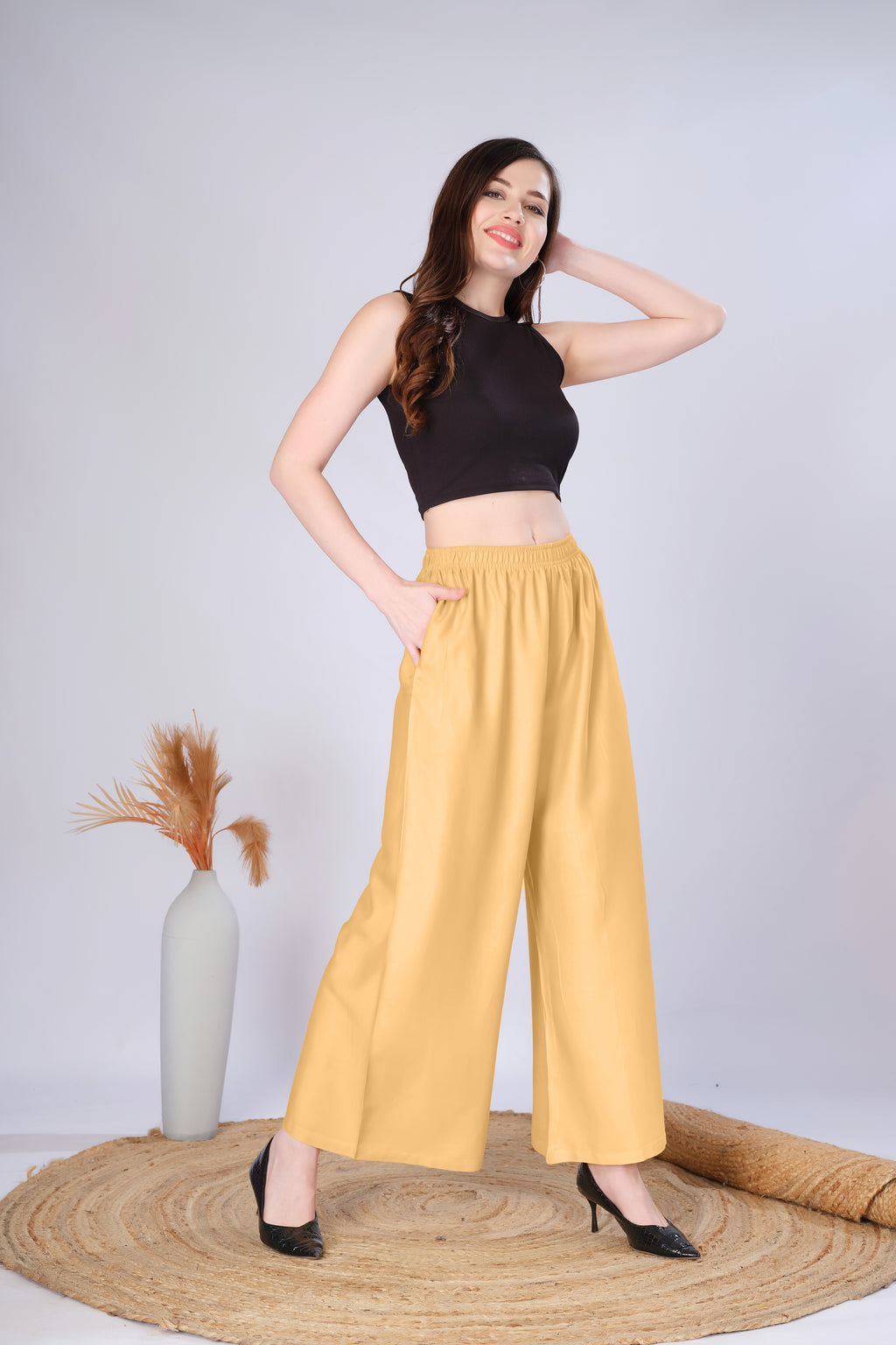 Flared Light Beige Palazzo Pants With Pocket