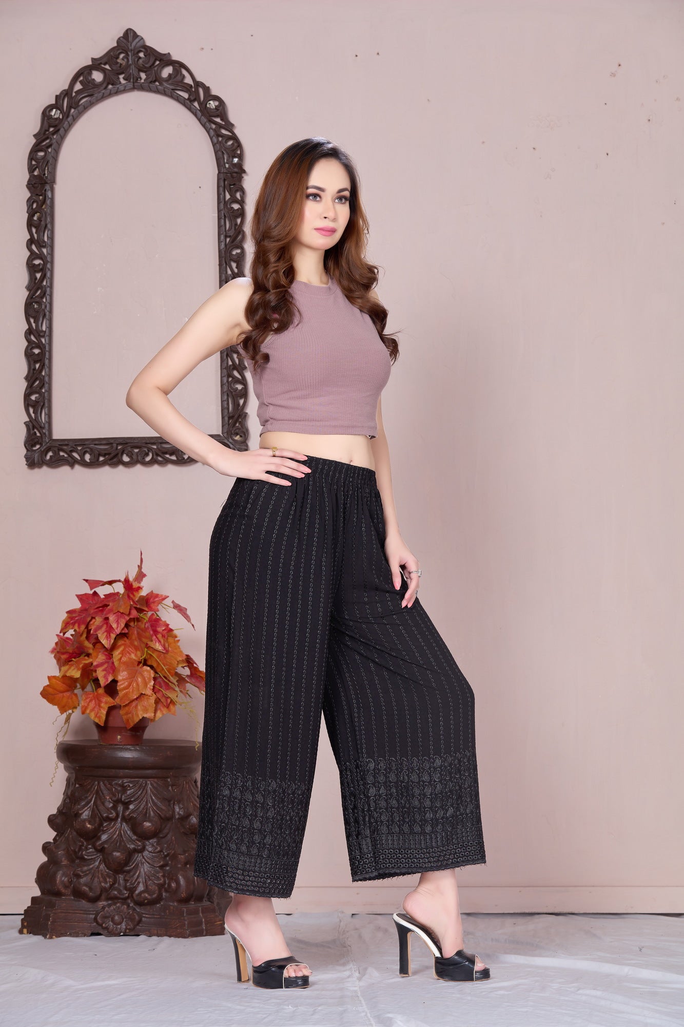 Flared Black Chikan (Embroidered) Palazzo Pant