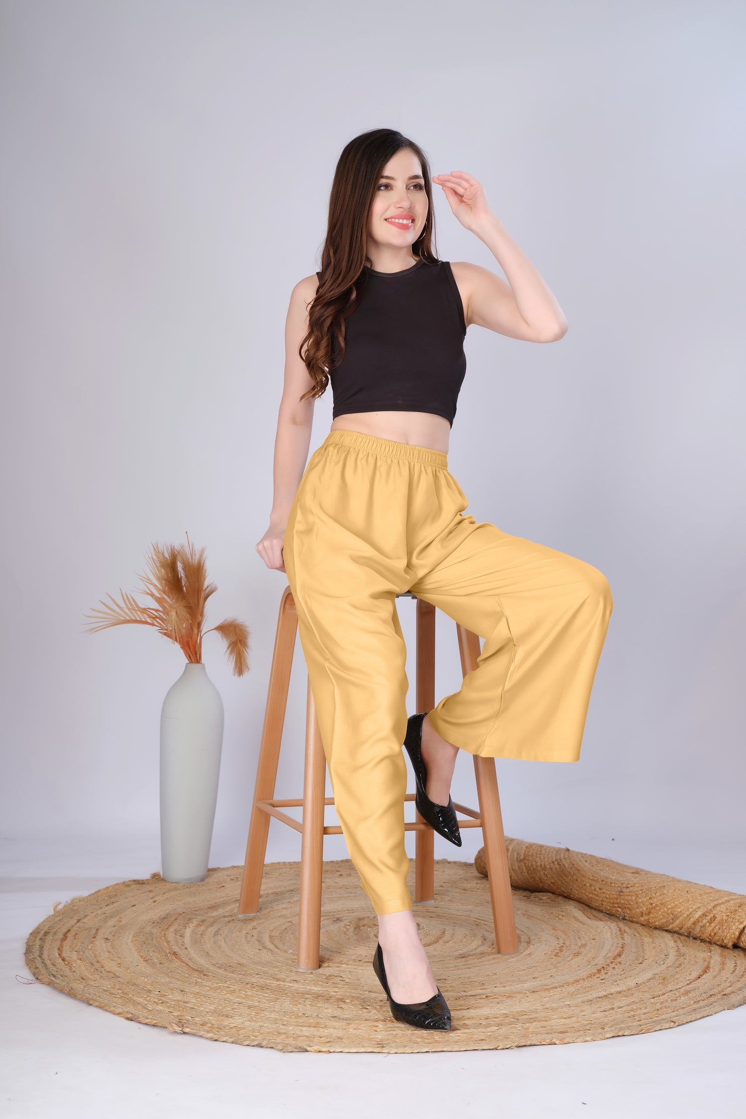 Flared Light Beige Palazzo Pants With Pocket
