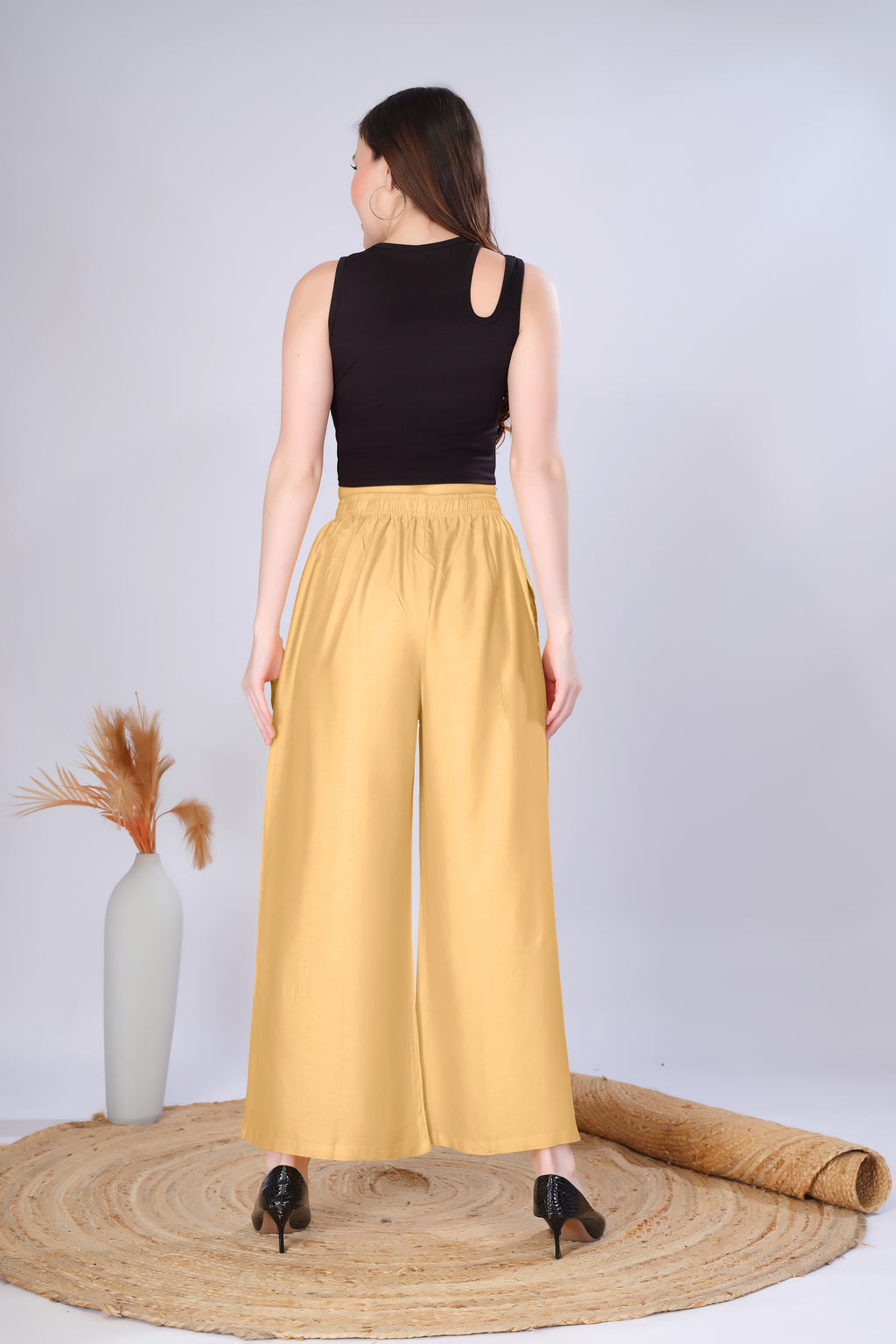 Flared Light Beige Palazzo Pants With Pocket