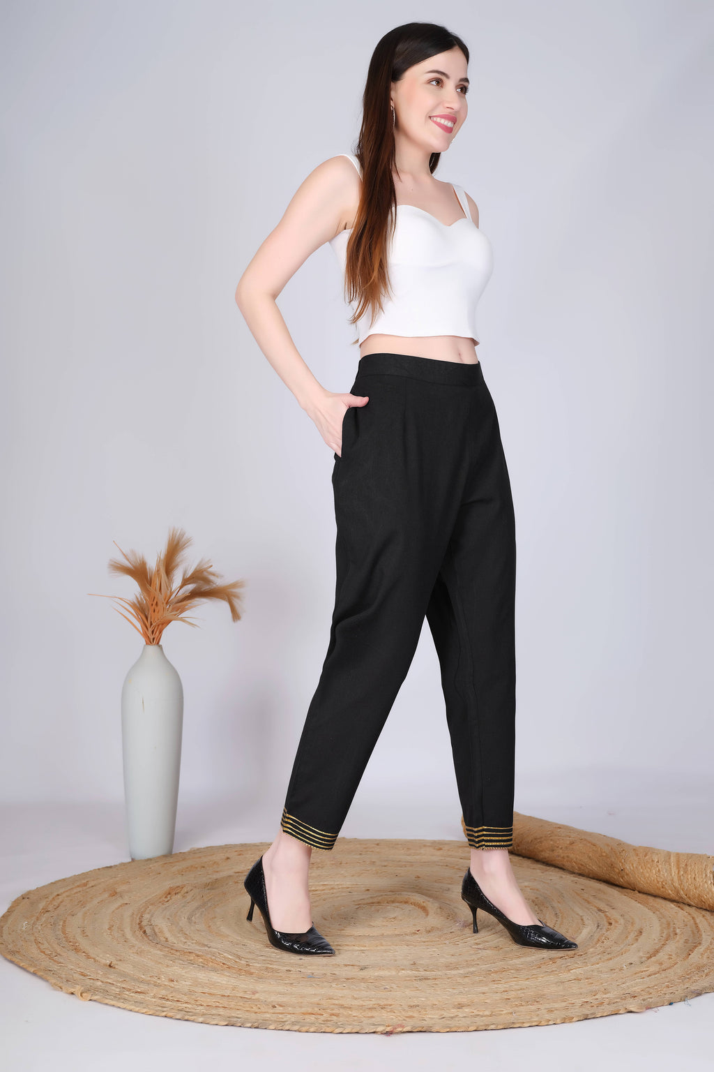 Black Slim Fit Cotton Pants With Gold Lace Hem